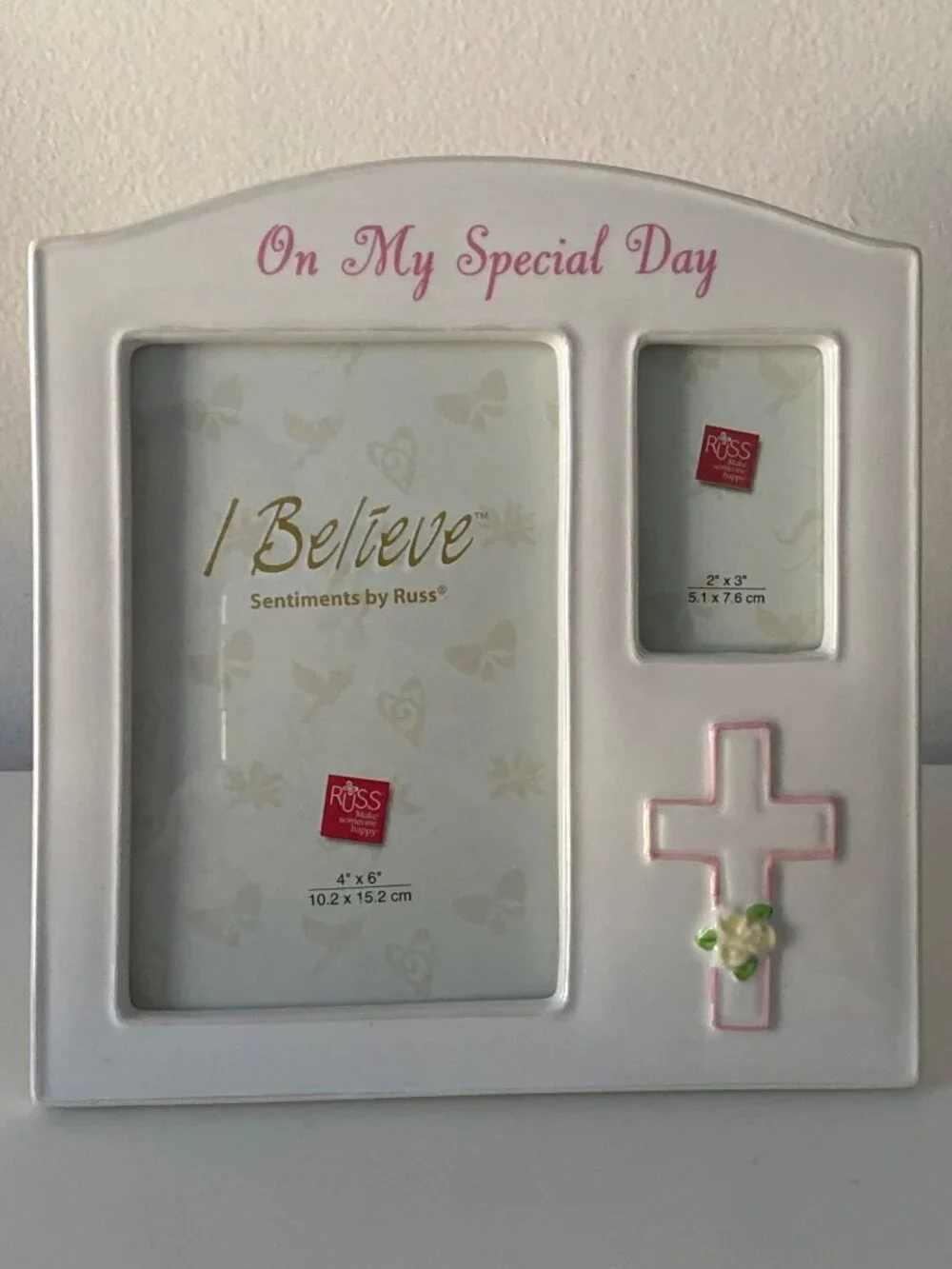 RUSS white ceramic frame ON MY SPECIAL DAY First Communion Girl Pink Cross